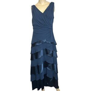 Vintage Blue Satin Tiered Maxi Dress Sz 8 Formal Evening Gown Mother of Bride